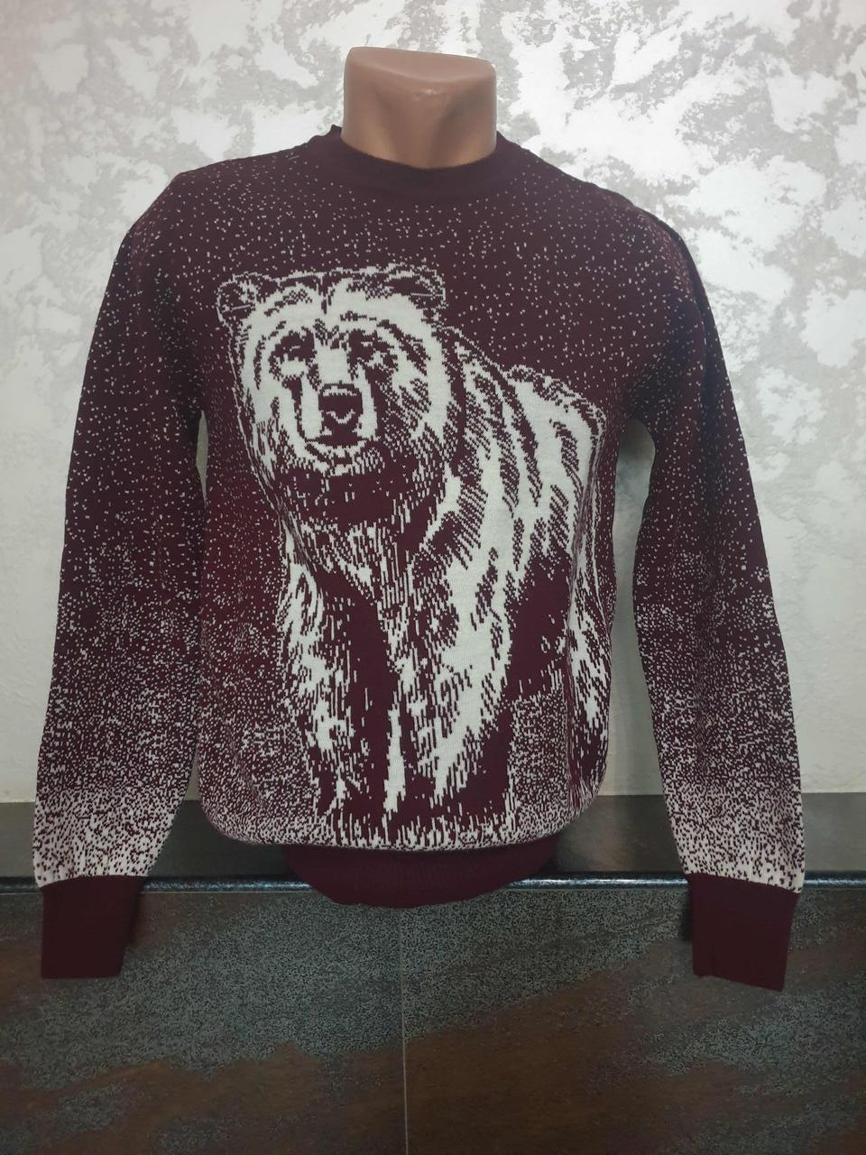 Молодіжний вовняний бордовий светр з ведмедем розмір M,L,XL,XXL, фото 1