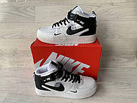 Мужские кроссовки Nike Air Forse кожаные Бело-чёрные демисезонные высокие