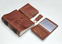 Набор кожаных изделий блокнот В6 кошелек обложка для авто-документов и брелок коричневый
