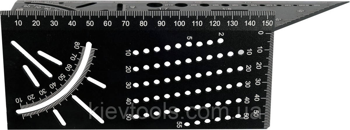 Косинець стереометричний 3D 150х70х215 мм з транспортиром і шаблонами отворів Yato YT-70825