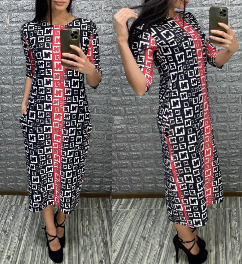 Жіноча сукня  міді з кишенями та геометричним принтом, фото 1