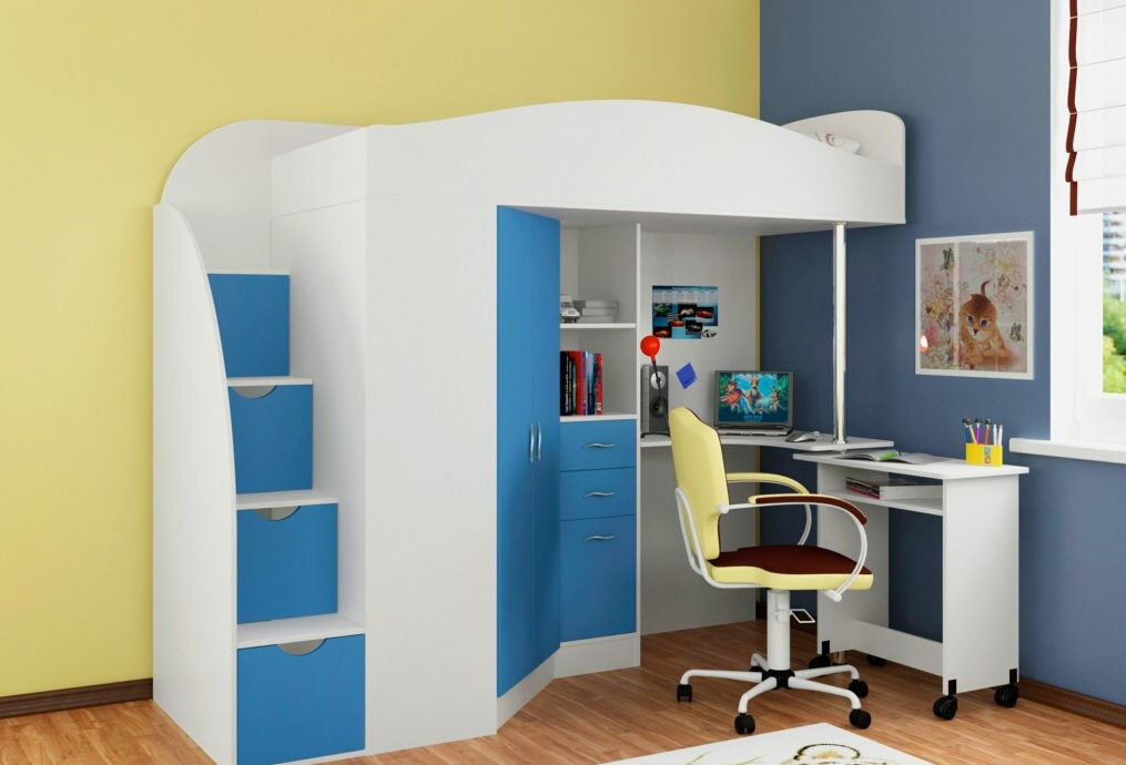 Ліжко-горище з драбиною та комодом, колір кюрасао, фото 1