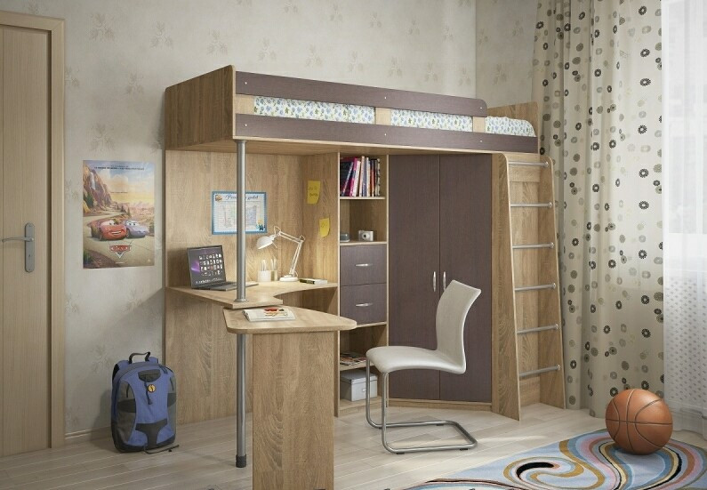 Ліжко горище з розкладною стільницею, шафою, фото 1