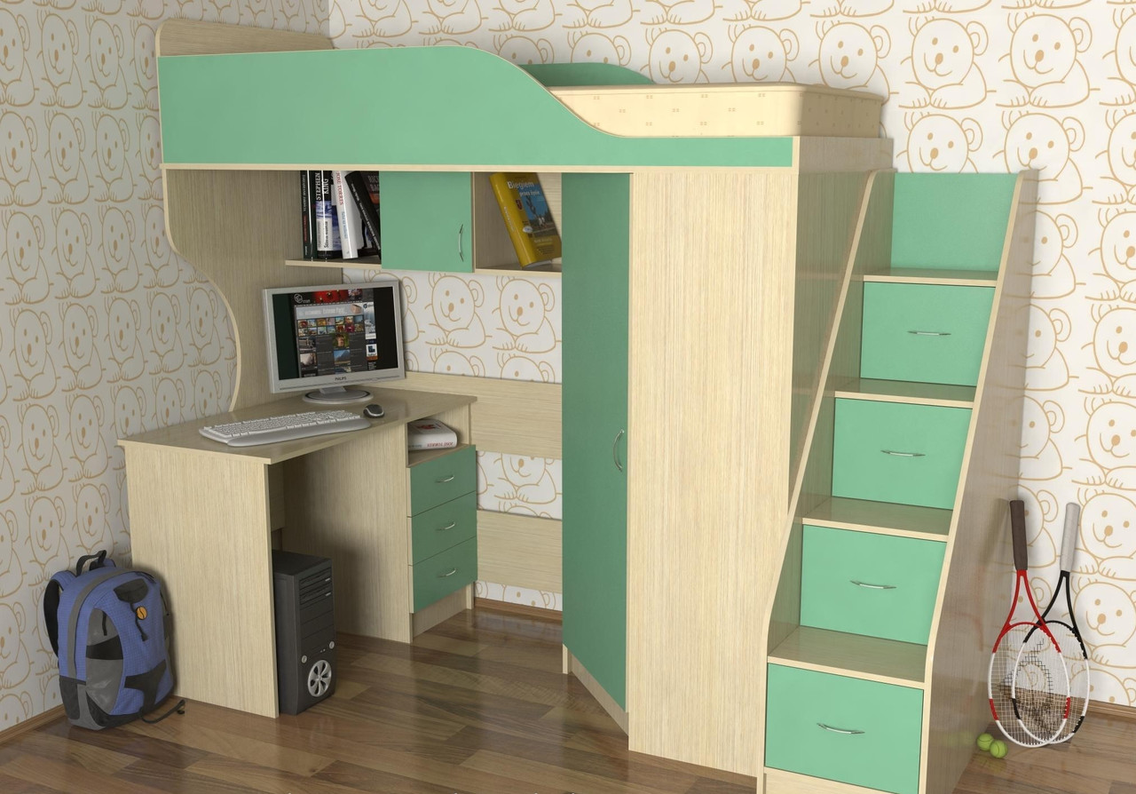 Ліжко горище з драбиною, колір зелена вода, фото 1