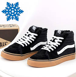 Зимові кеди чоловічі/жіночі Vans SK-8 HI з хутром високі теплі чорні з коричневим. Підліткові кеди на хутрі