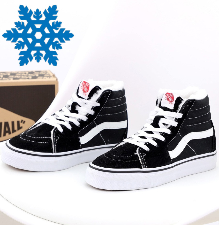 Зимові чоловічі кеди Vans SK-8 HI black/white із хутром теплі високі. Підліткові кеди на хутрі