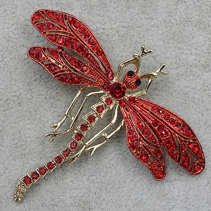 Брошка металева золотиста бабка червона з рубіновими стразами розмір виробу 70х60 мм, фото 1