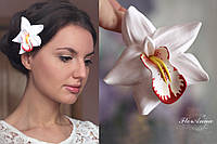 "Біла орхідея з розписом" шпилька для волосся квітку з полімерною глиною ручної роботи