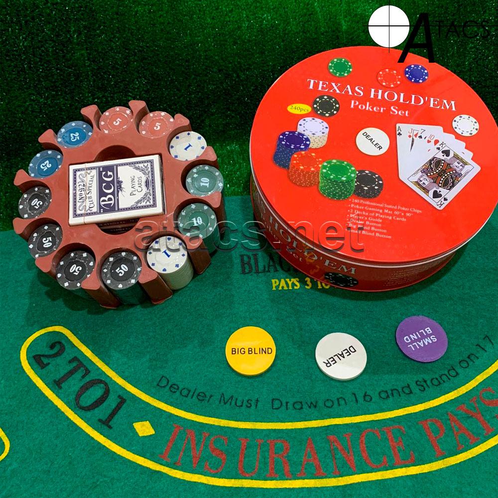 Покерный набор на 240 фишек с номиналом в круглой металлической упаковке - фото 1 - id-p1544124911