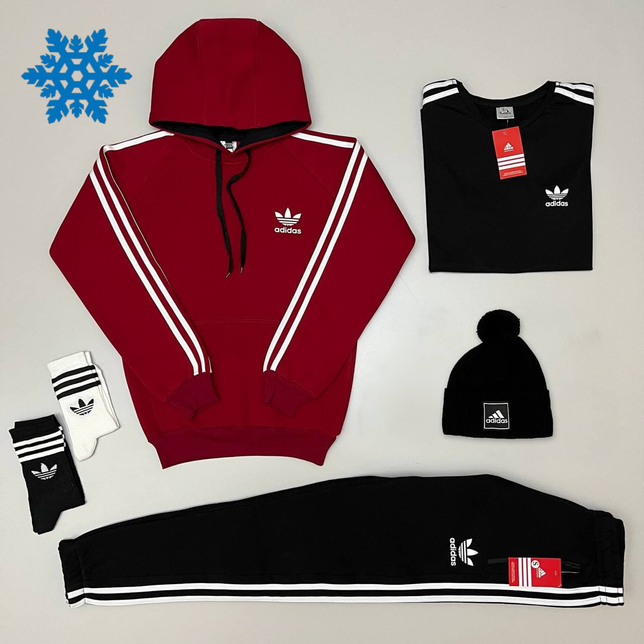 Зимовий чоловічий спортивний костюм Adidas на флісі теплий з капюшоном комплект 6в1 бордо Туреччина. Живе фото, фото 1