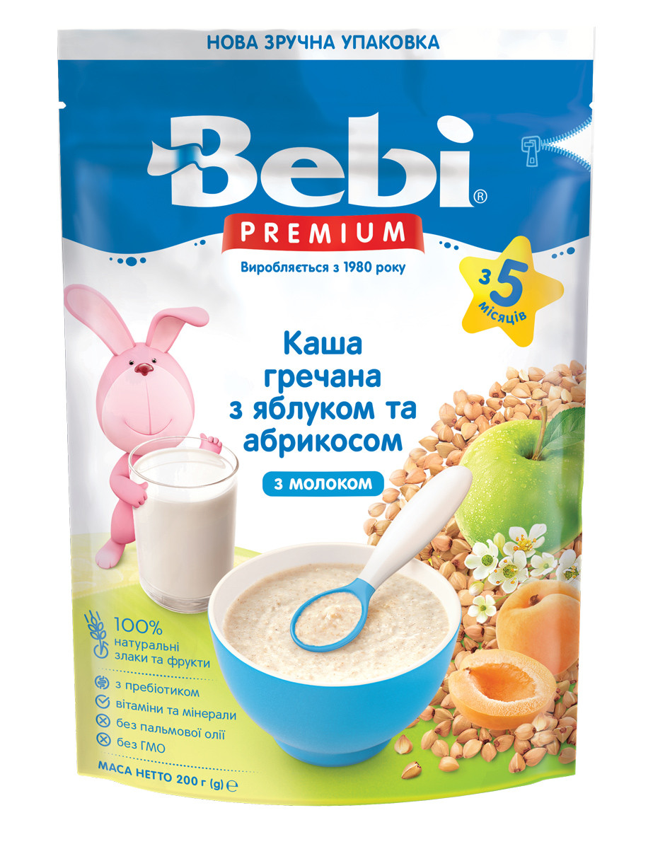 Каша молочна Гречана з яблуком та абрикосом Bebi Premium, 200 г, фото 1