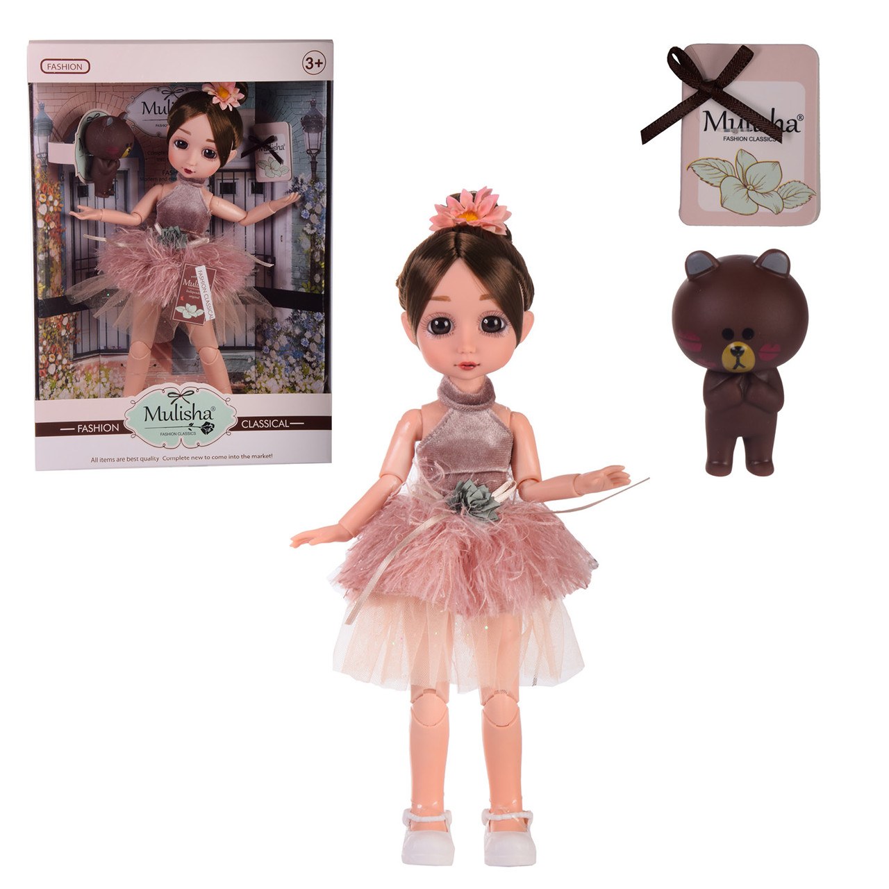 Лялька в красивій сукні шарнірна з ведмедиком, розмір ляльки - 29 см "Emily" QJ107C