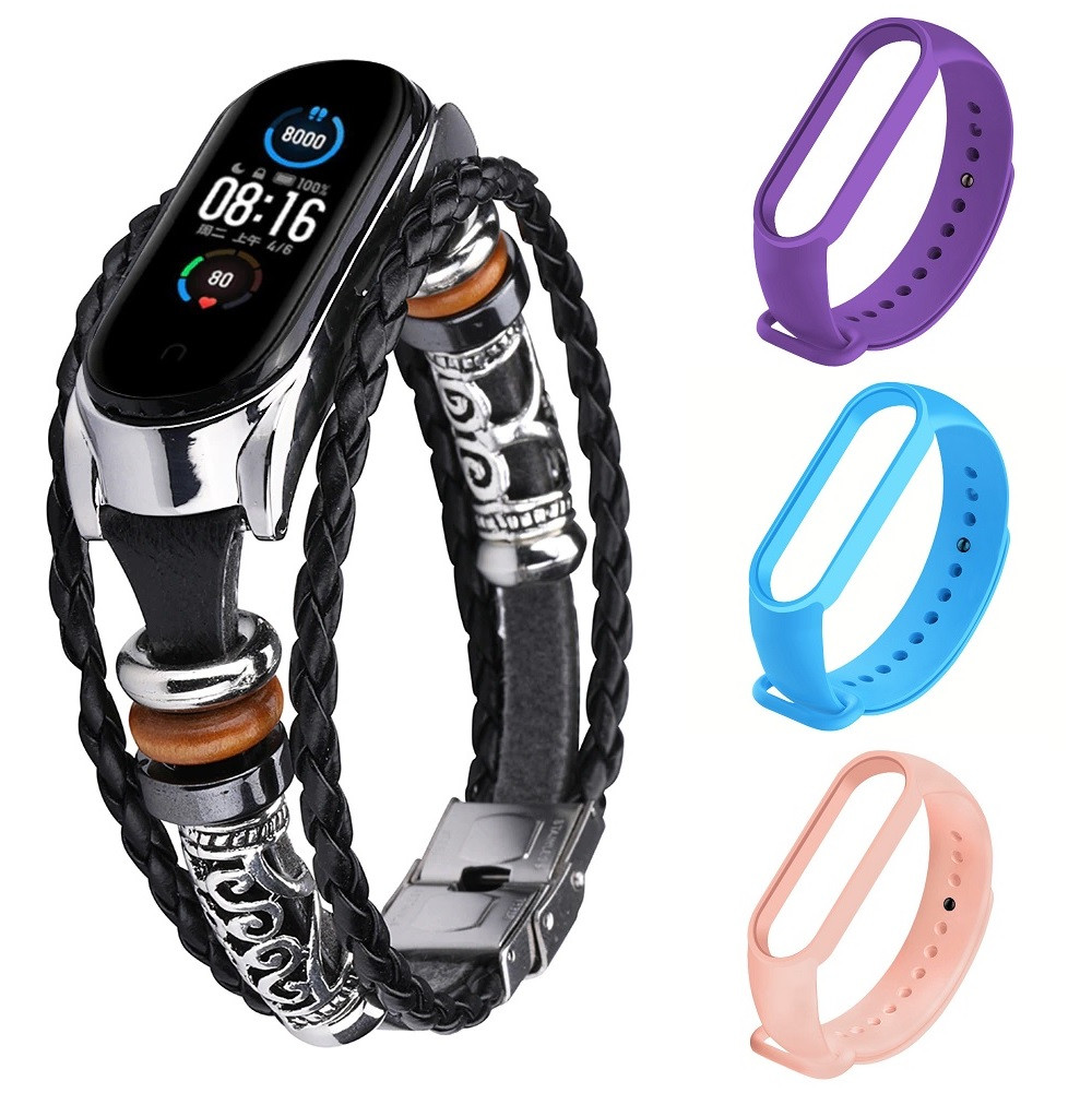 Ремешок винтажный для фитнес-браслета Xiaomi Mi Band 5 и 6 Type A Black-silver + 3 цветных ремешка