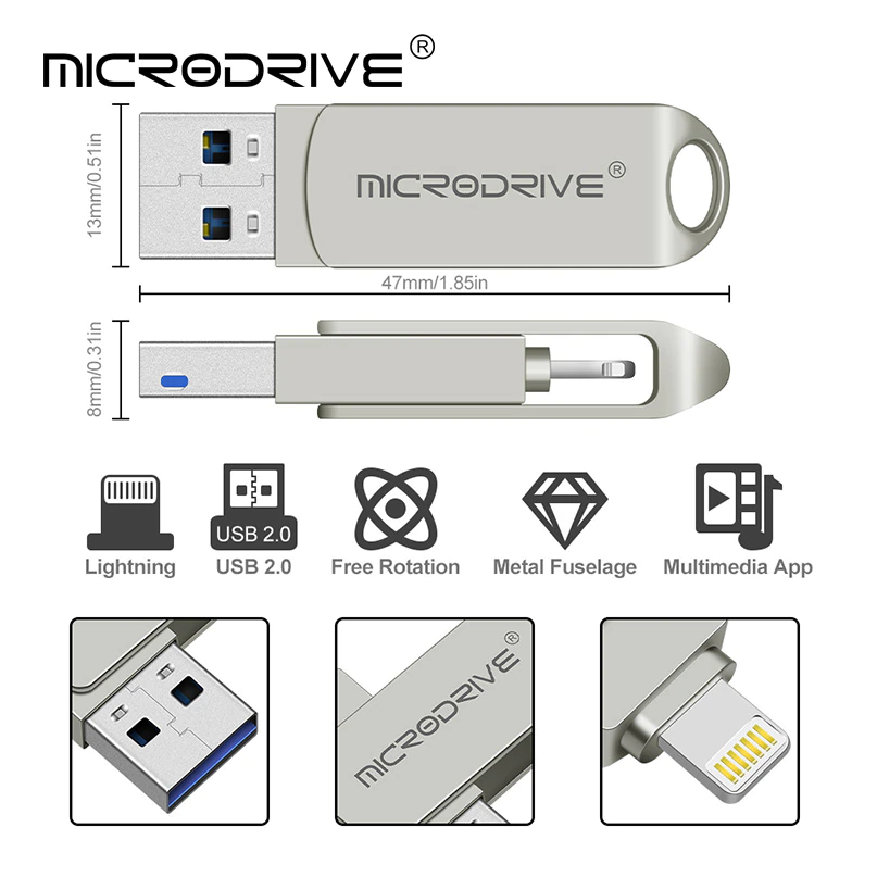 Флешка металлическая 2в1 32ГБ USB-Lightning для Apple iPhone, iPad, iPod, компьютера MICRODRIVE 32GB OTG - фото 2 - id-p1544492848