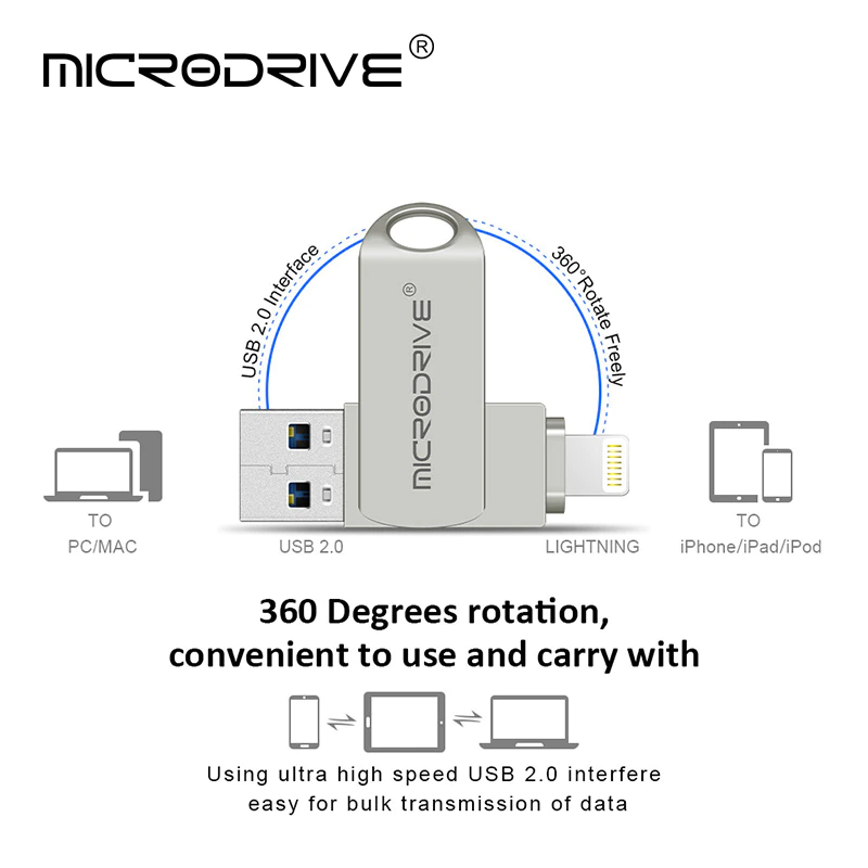 Флешка металлическая 2в1 16ГБ USB-Lightning для Apple iPhone, iPad, iPod, компьютера MICRODRIVE 16GB OTG - фото 5 - id-p1544492849