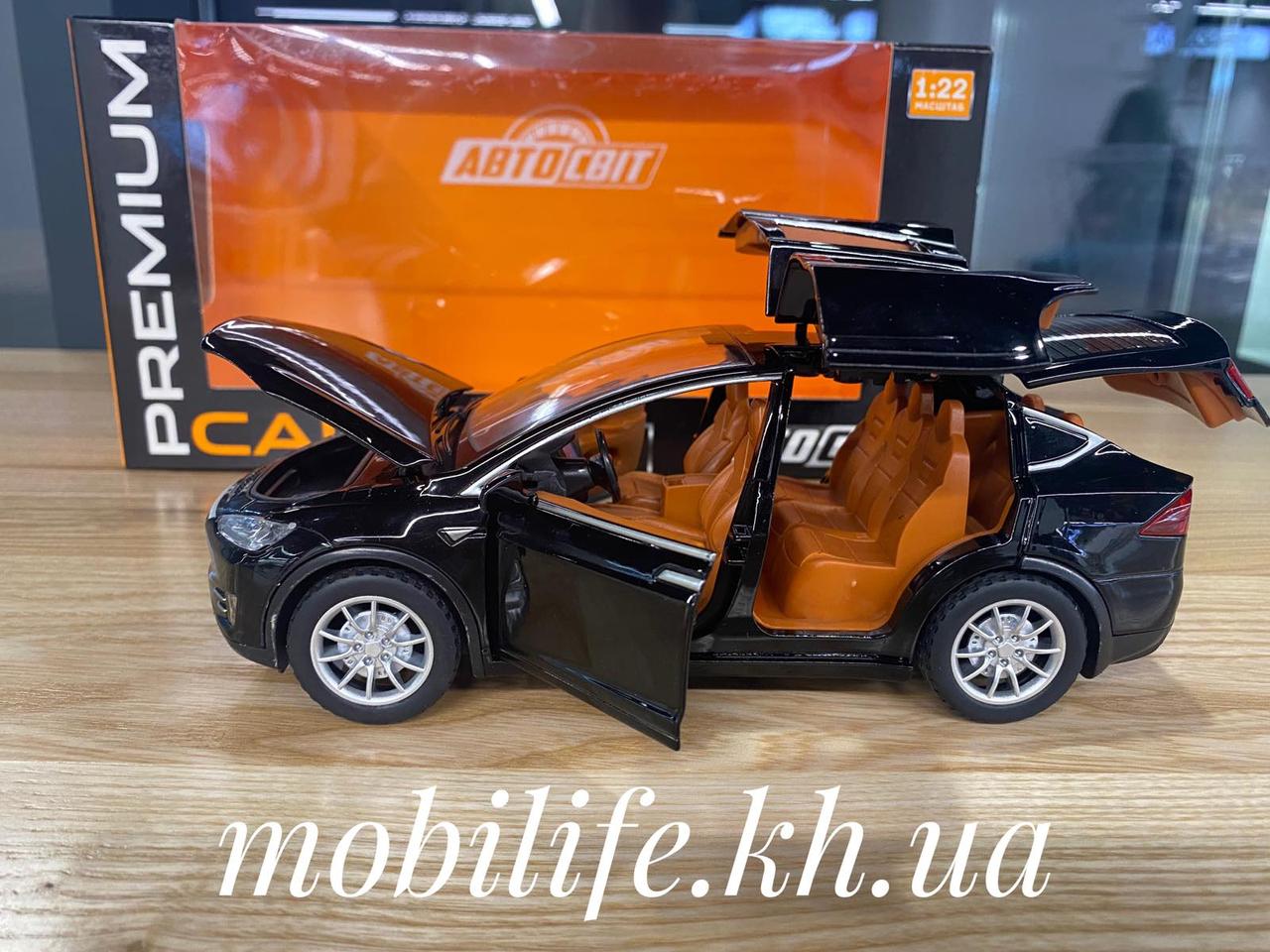 Велика металева машинка Тесла Tesla model X 20см чорна 1:22 /зі світлом і звуком відкриваються двері/