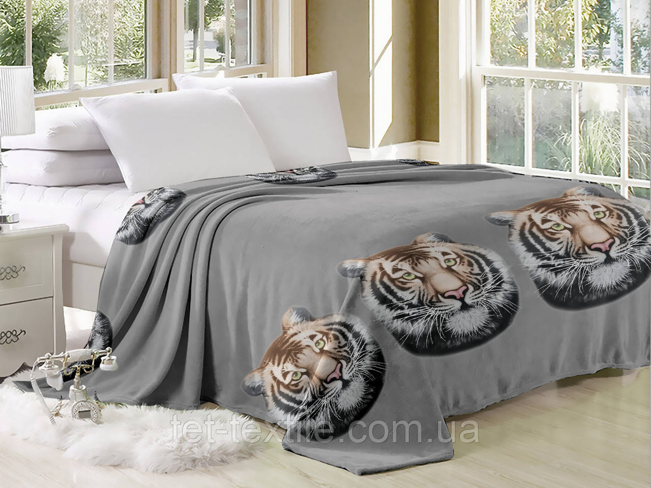 Плед з мікрофібри Велсофт Тигр на сірому 160х210 см