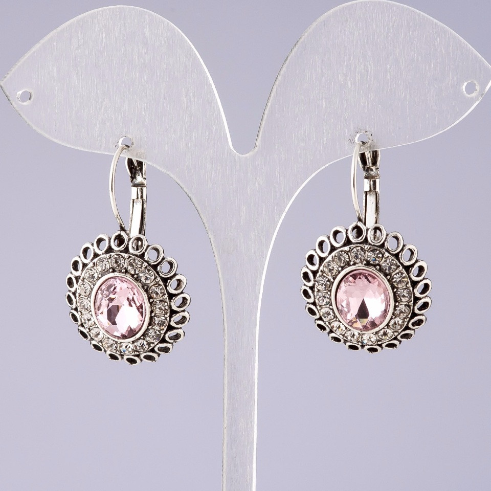 Сережки Ажурні з рожевими кристалами класичні "під старовину" L-3 см купити дешево в інтернеті