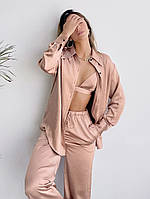 Пижама женская шелковая. Комплект атласный тройка с длинным рукавом, штанами и топом. Размер M (розовый)