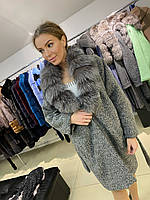 Женское пальто модель оверсайз размер XL с широким воротником из натурального меха чернобурки