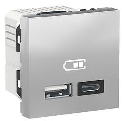 Unica New подвійна USB розетка A+C алюміній Schneider Electric, NU301830