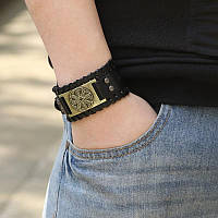 Мужской кожаный браслет-талисман в скандинавском стиле «Коловрат: Чёрное Солнце» 27.5*4 см VNOX
