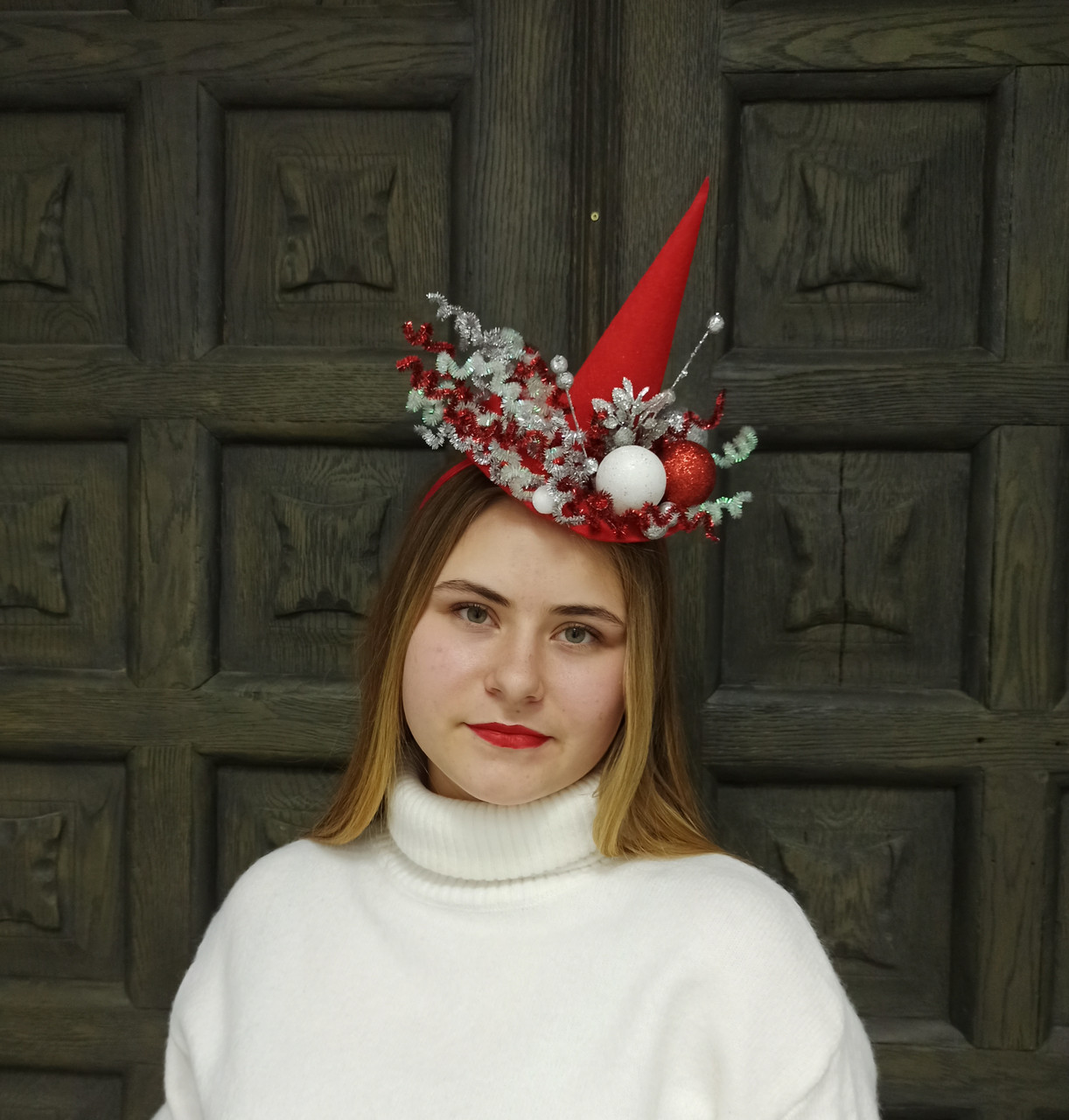 Новорічний обруч, новорічний карелюшок на обручі. Капелюшок Санті, фото 1