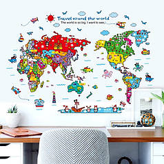 Наклейка на стіну в дитячий садок, у дитячу, до школи "карта світу: флора та фауна" 118 см*83 см (лист 60*90см)