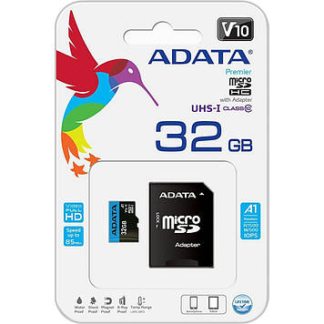 Карта пам'яті ADATA Premier 32Gb Class 10 A1 (R-100Mb/s) + Adapter SD (AUSDH32GUICL10A1-RA1)