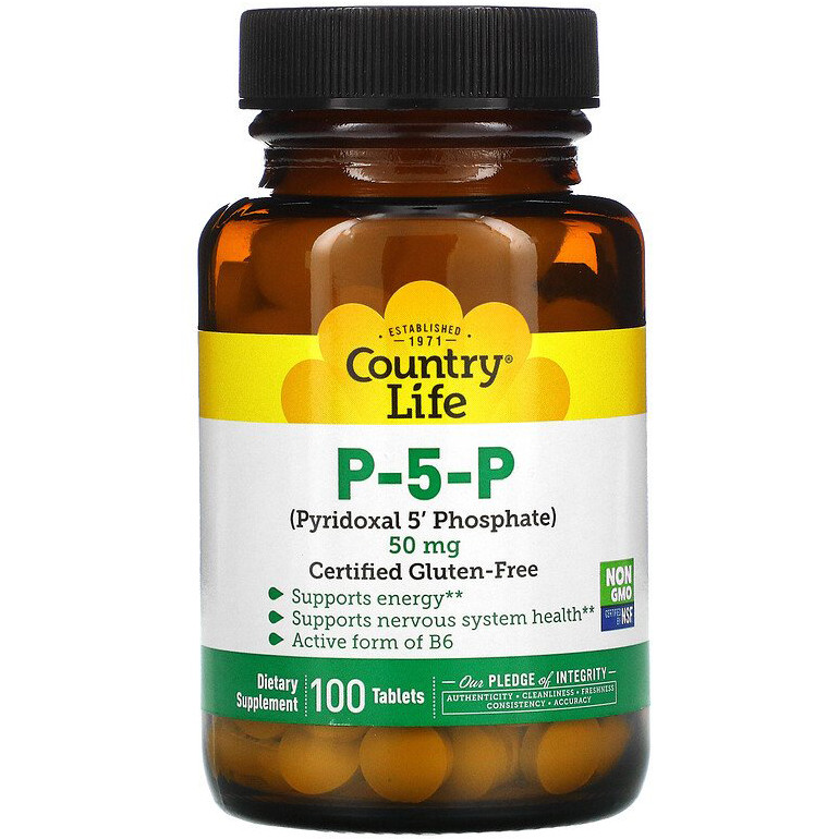 Вітамін П-5-Ф Country Life "P-5-P (Pyridoxal 5' Phosphate)" піридоксаль 5-фосфат, 50 мг (100 таблеток), фото 1