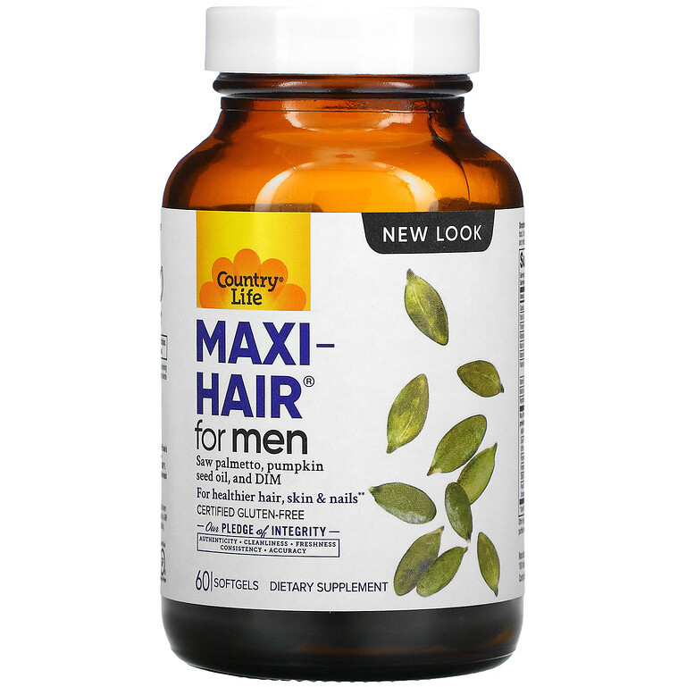 Вітаміни для волосся Country Life "Maxi Hair for Men" комплекс для чоловіків (60 гелевих капсул), фото 1
