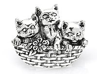 Брошь брошка кошка кот серебристый металл обьемный котята в корзине