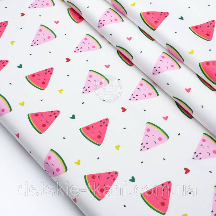 Сатин "Кавунчики з очима на білому тлі", №3996с, фото 1