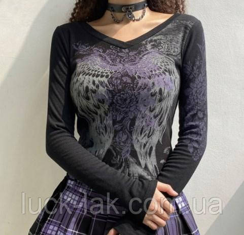 Блуза, кофта "Крила ангела" зі стразами, трикотажна з v-подібним вирізом, розмір L, фото 1