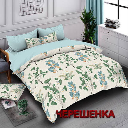 Тканина для постільної білизни Бязь "Gold" Lux GL7833 (A+B) - (50м+50м) рослини на кремовому + блакитний компаньйон, фото 1