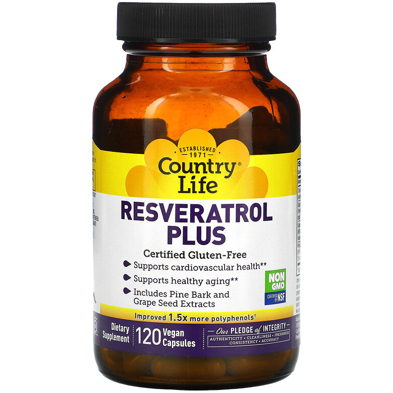 Ресвератрол Country Life "Resveratrol Plus" для серцево-судинної системи, антивікової (120 капсул)