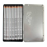 Набір графітних олівців 12шт 2H-8B, металевий кейс Marco Raffine, фото 2