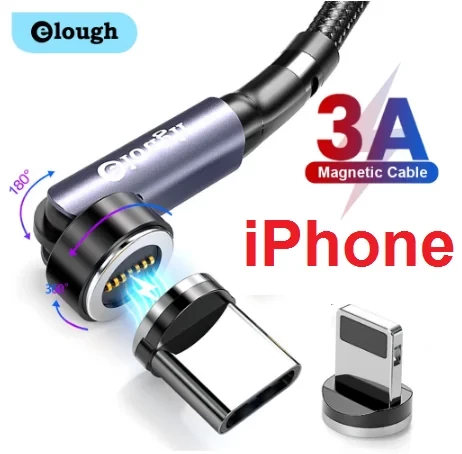 Магнітний Кабель Elough iPhone USB 3A 7pin Кутовий 180 градусів 540 об. для швидкого Заряджання та Передавання даних