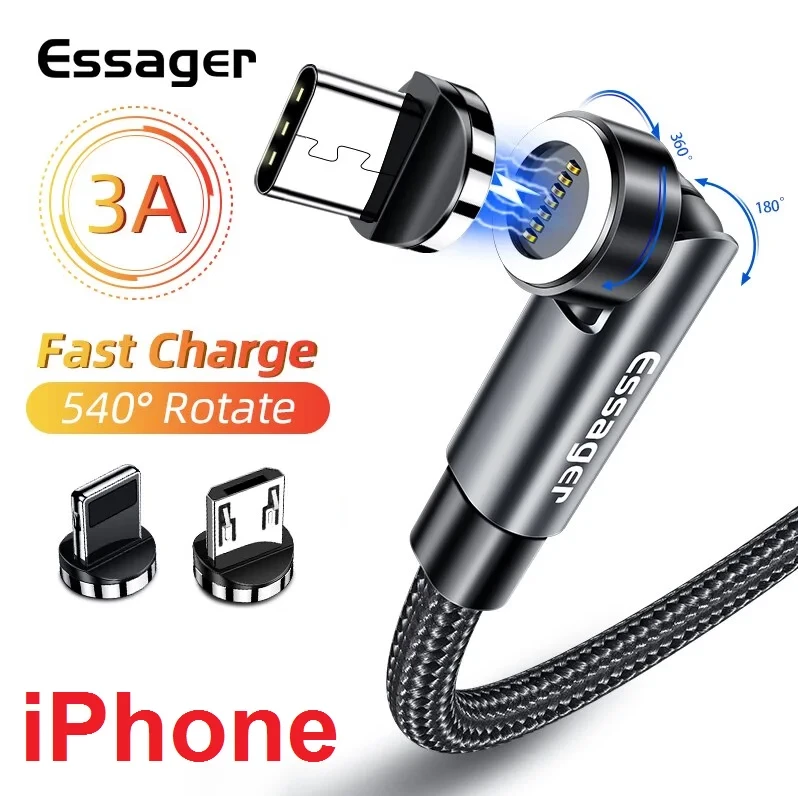 Магнітний Кабель Essager iPhone USB 3A 7pin Кутовий 180 градусів 540 об. для швидкого Заряджання та Передавання даних