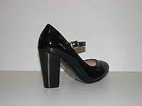 Туфли женские лаковые черные на высоком каблуке с ремешком размер 36