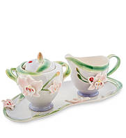 Набор чайный фарфоровый 3 предмета сахарница, молочник и подставка Орхидея 6001033