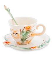 Фарфоровый чайный набор 3 предмета чашка 150 мл. блюдце и ложка Персидский кот 6001069