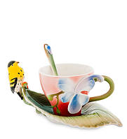 Чайный набор фарфоровый 3 предмета чашка 200 мл. блюдце и ложка Иволга и Орхидея 6001129
