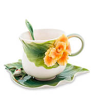 Фарфоровый чайный набор 3 предмета чашка 300 мл. блюдце и ложка Лягушки и цветы канны 6001131