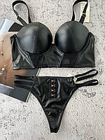 80,85C Шикарный черный комплект женского нижнего белья на чашку С, трусики стринги+бюстгальтер Анжелика