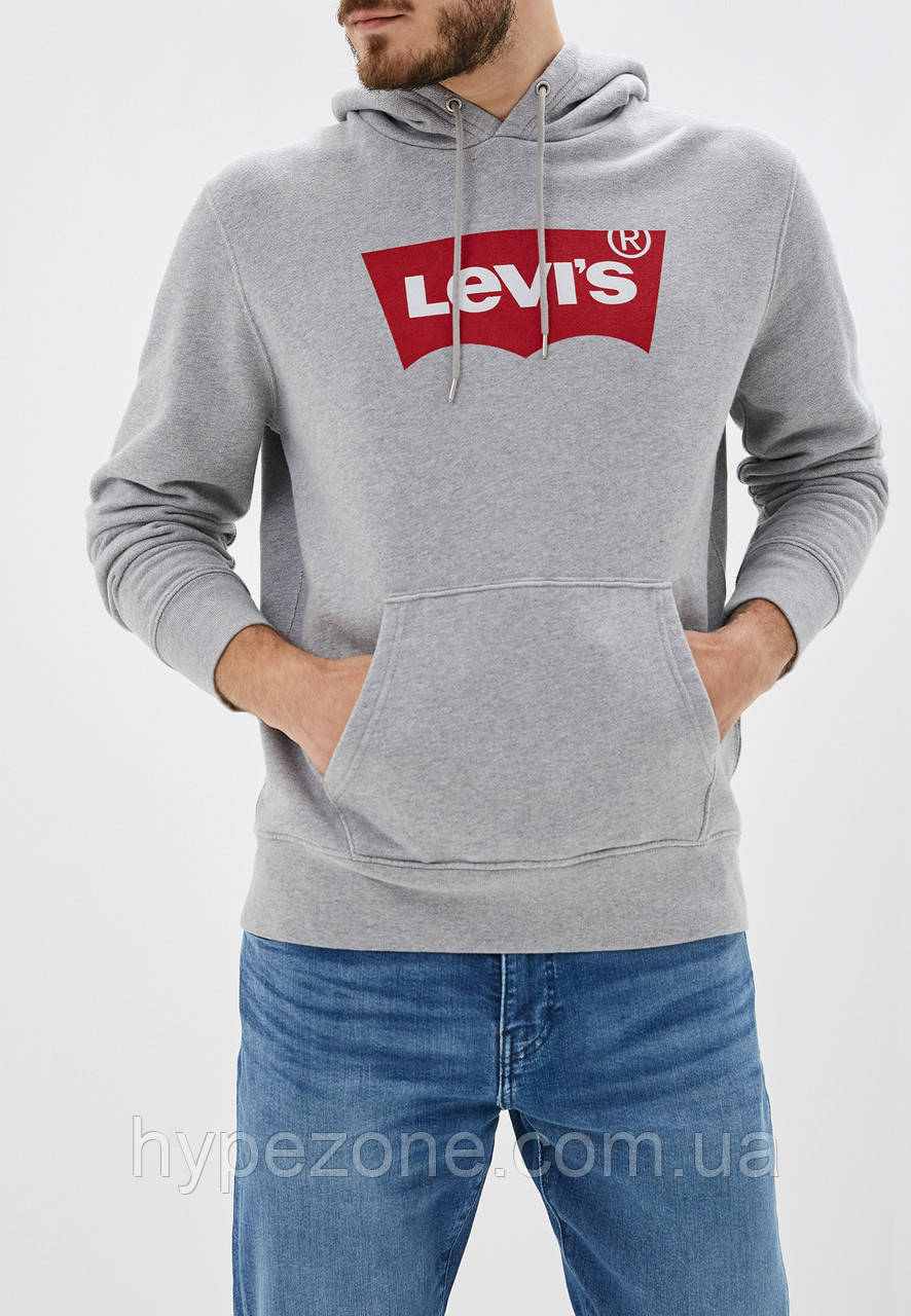 Толстовка Levis HOODIE осіння, зимова Кофта з капюшоном сіра червоний принт, Флісове Худі з принтом Лівайс