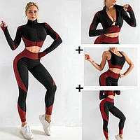 Спортивний жіночий костюм для фітнесу 3 предмета. Фітнес костюм трійка - лосини, топ, рашгард S (червоний)
