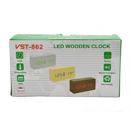 Дерев'яні Настільні годинник VST-862 з термометром білі (зелена підсвітка), фото 2