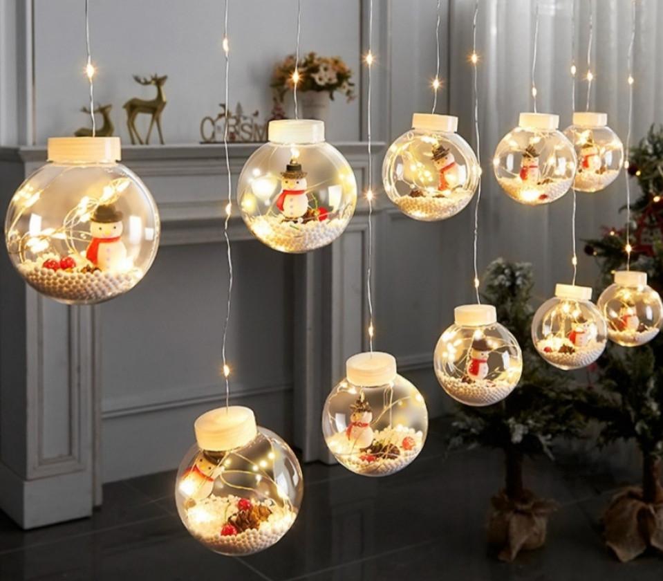 Гірлянда CL53-M Бахрома Шарік із сніговиком, колір тепло-білий, 200LED ламп, 300-60см., фото 1