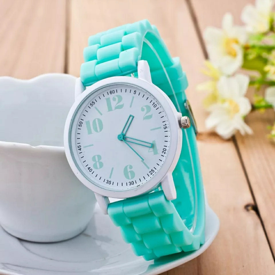 Жіночий кварцевий годинник GENEVA Женева водозахисні з силіконовим ремінцем бірюзові, жіночі годинники фірми